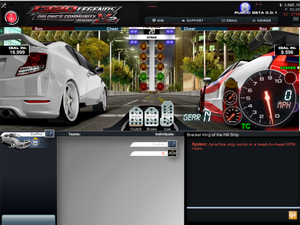 Open1320 Legends staging lanes with christmas tree lights and dial-in readouts