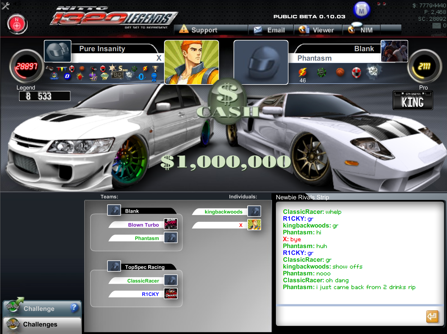 Open1320 Legends in-game lobby showing two staged cars, player avatars, and team chat