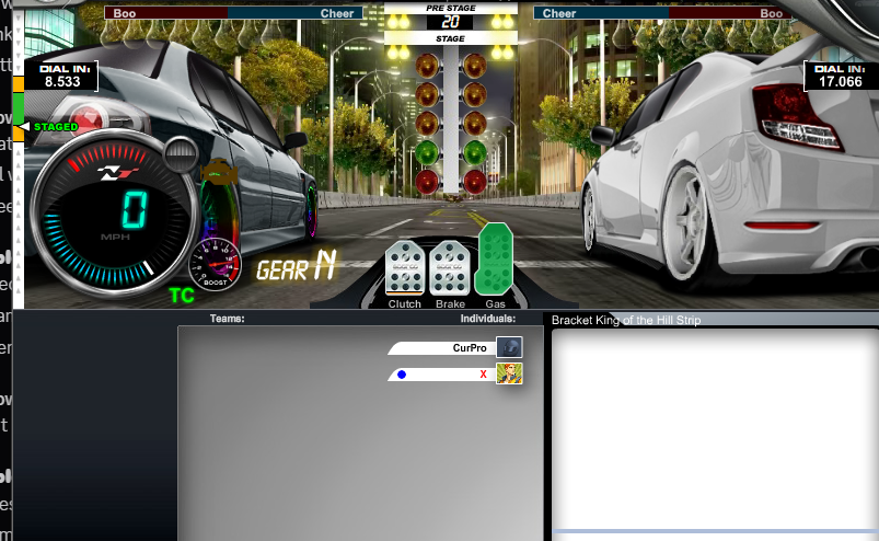 Open1320 Legends in-race view showing tachometer, gear indicator and pedals
