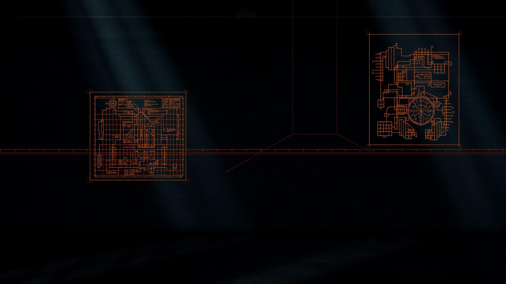 Dark industrial workshop wall with technical blueprints